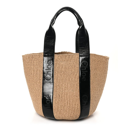 Chloe Raffia Calfskin Crocodile Embossed Large Woody Tote Black 1 of 9
