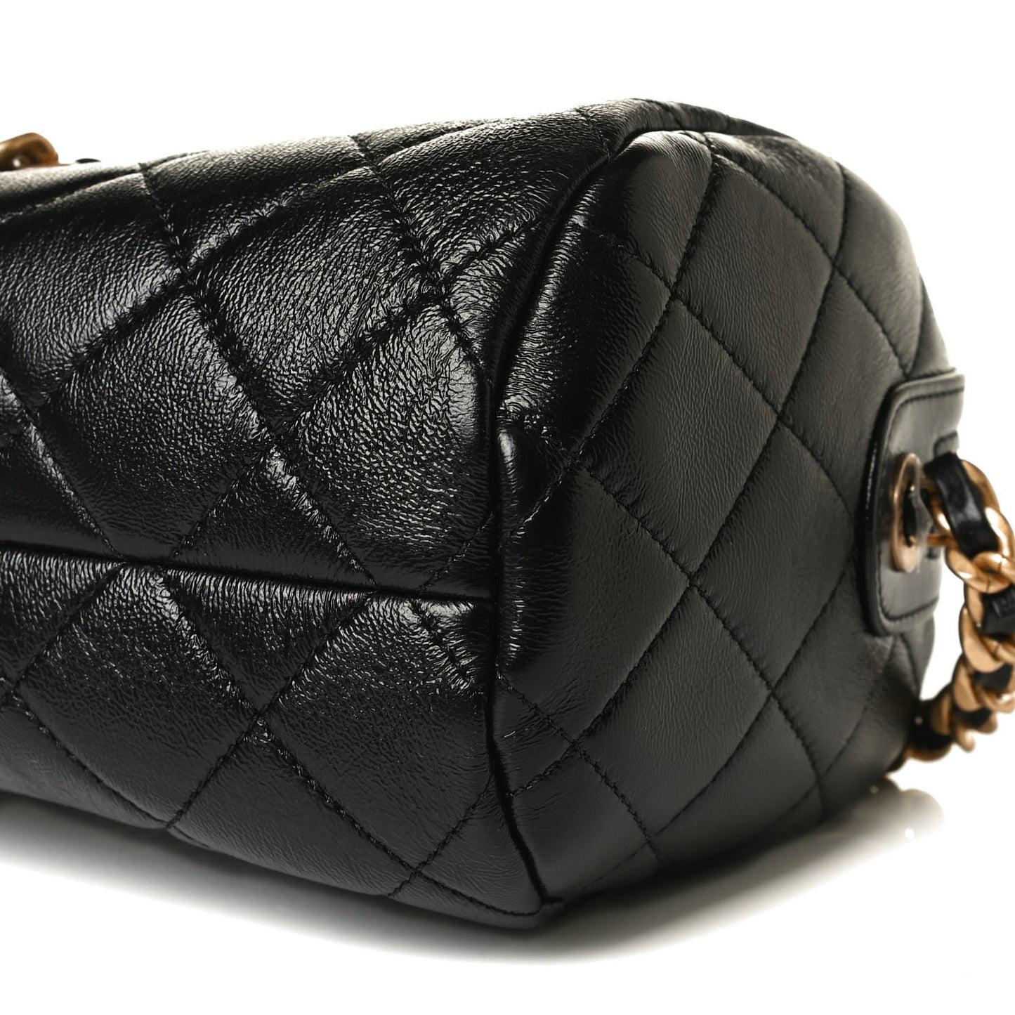 Shiny Lambskin Quilted Fashion Therapy Bowling Bag Black