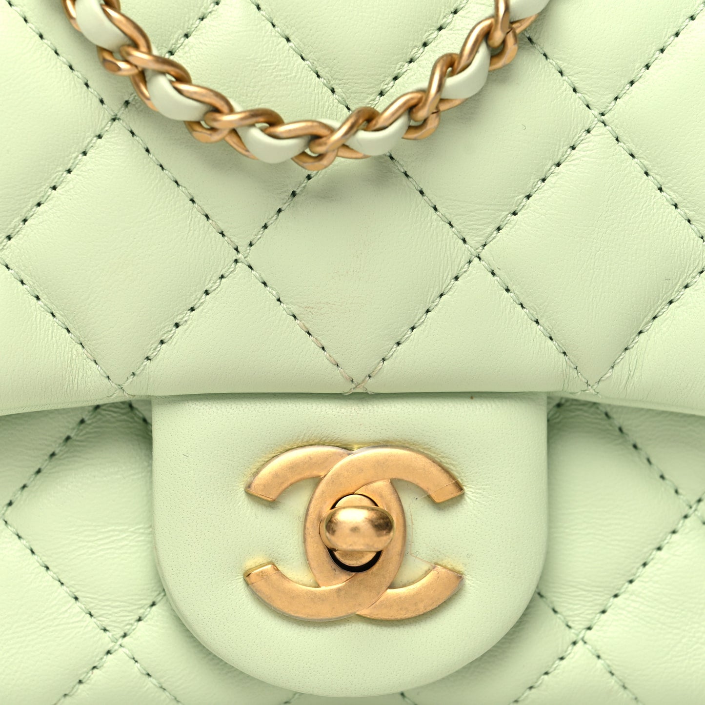 Lambskin Quilted Mini Pearl Crush Flap Light Green
