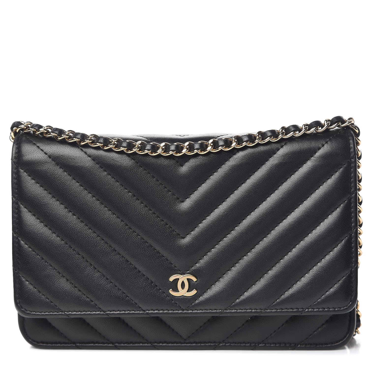 Chanel Lambskin Chevron Quilted Wallet On Chain WOC Black 1 of 13