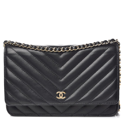 Chanel Lambskin Chevron Quilted Wallet On Chain WOC Black 1 of 13