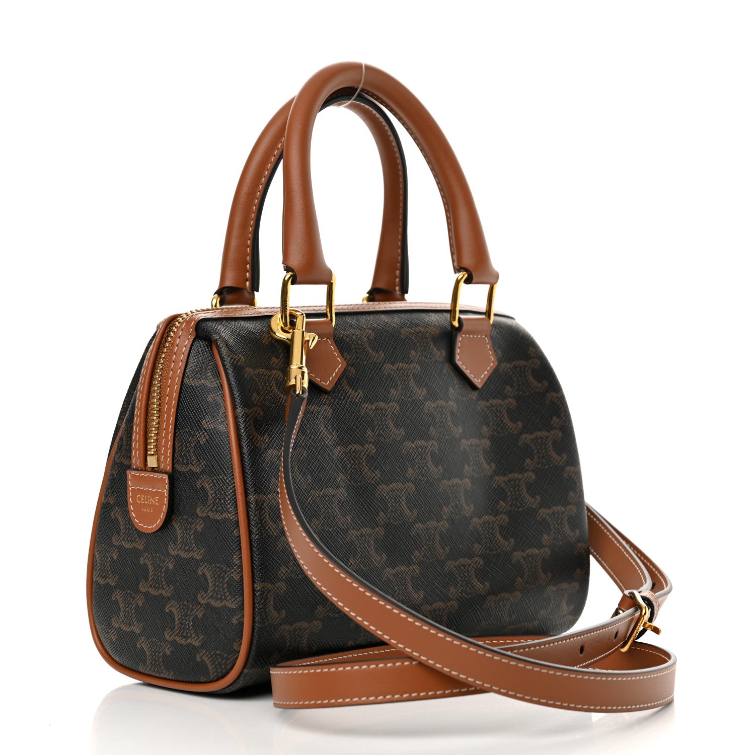 Celine Triomphe Canvas Calfskin Small Boston Bag Tan 3 of 11