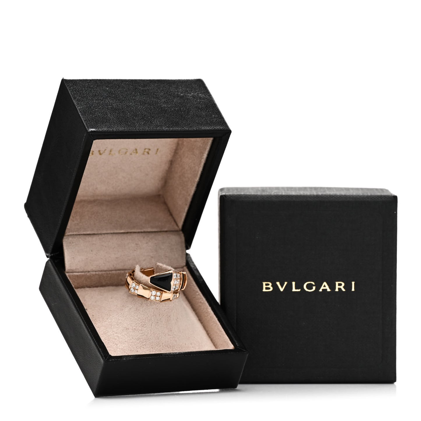 18K Rose Gold Diamond Onyx Serpenti Viper Ring L