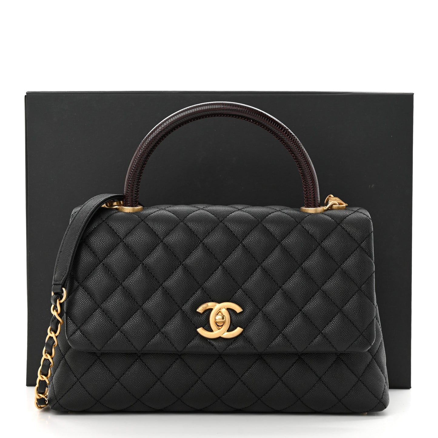 Caviar Lizard Embossed Quilted Small Coco Handle Flap Black