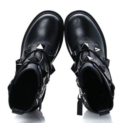 Valentino Garavani Calfskin Tonal Roman Stud Combat Boots 35.5 Black 2 of 14