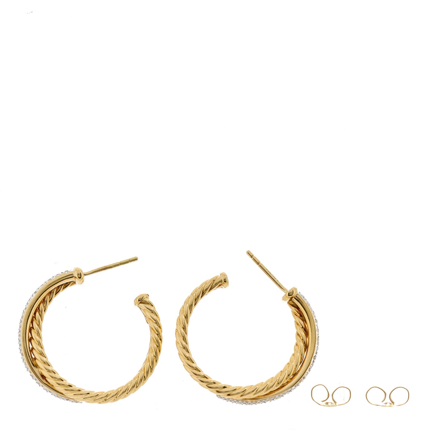 David Yurman 18K Yellow Gold Diamond 26.5mm Crossover Hoop Earrings 3 of 5