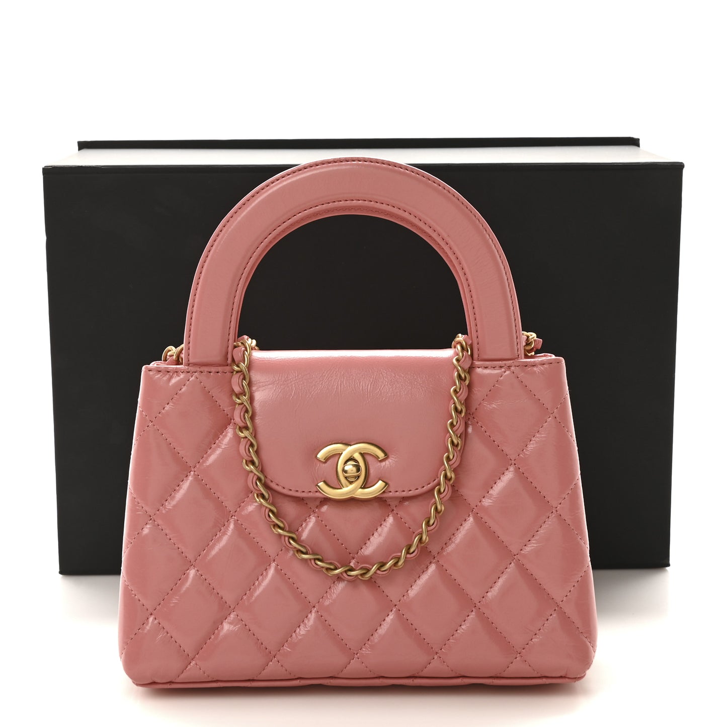 Shiny Aged Calfskin Quilted Nano Kelly Shopper Coral Pink