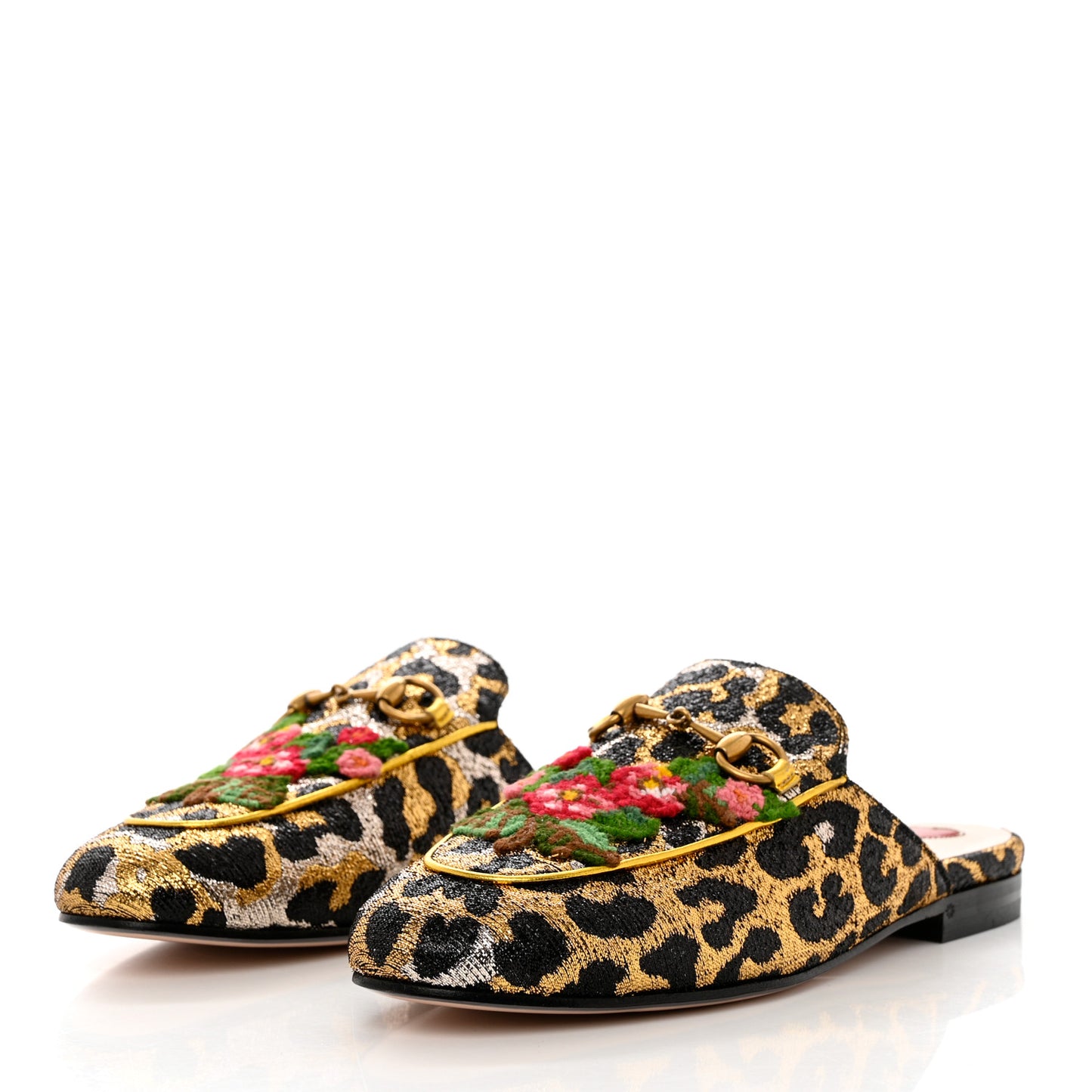 Lurex Jacquard Leopard Embroidered Womens Princetown Slippers 36 Black Gold