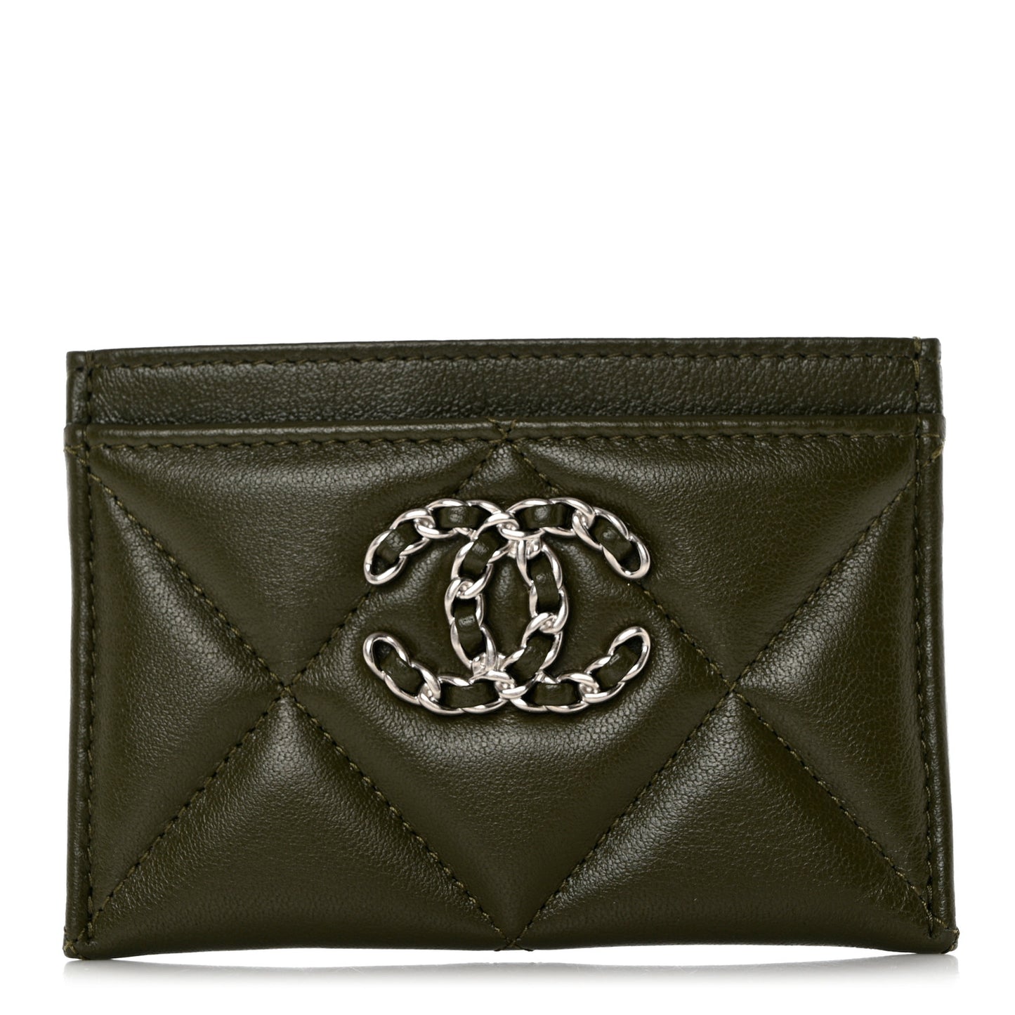 Lambskin Quilted Chanel 19 Card Holder Khaki
