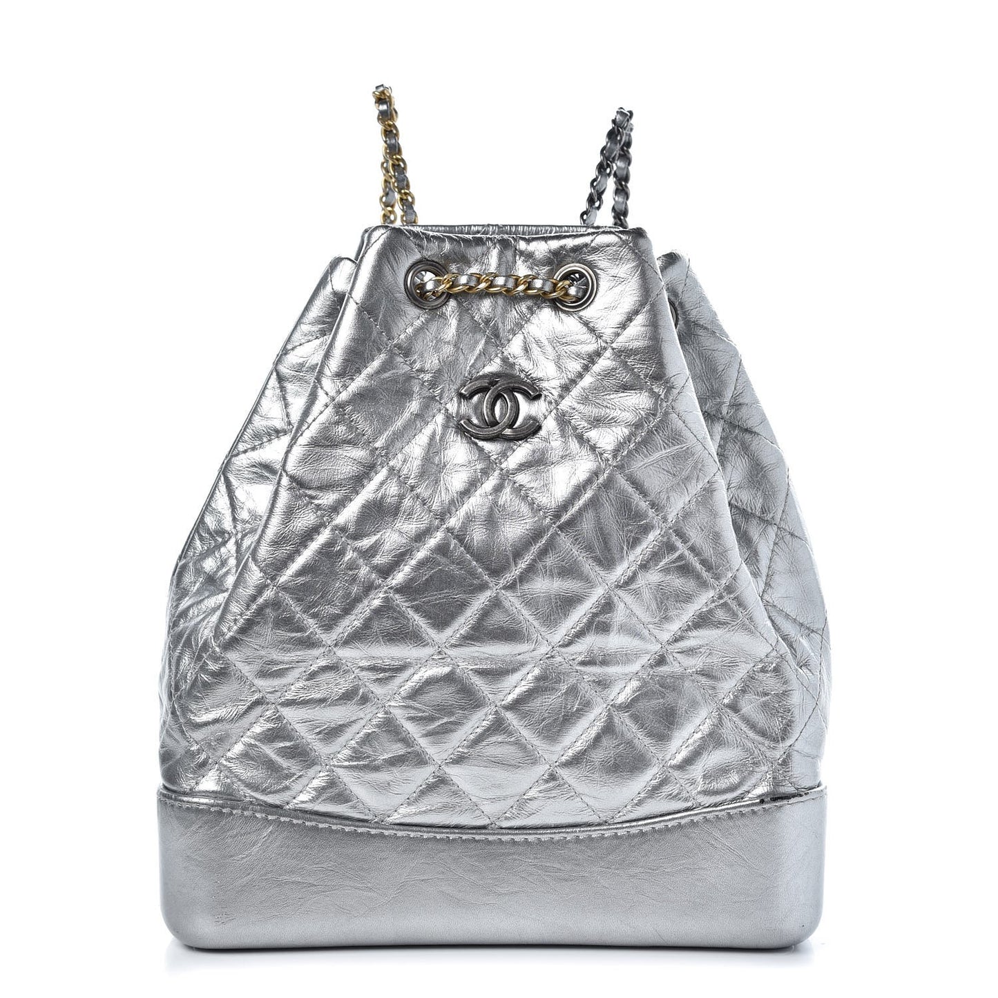 Metallic Crumpled Calfskin Quilted Gabrielle Backpack Silver