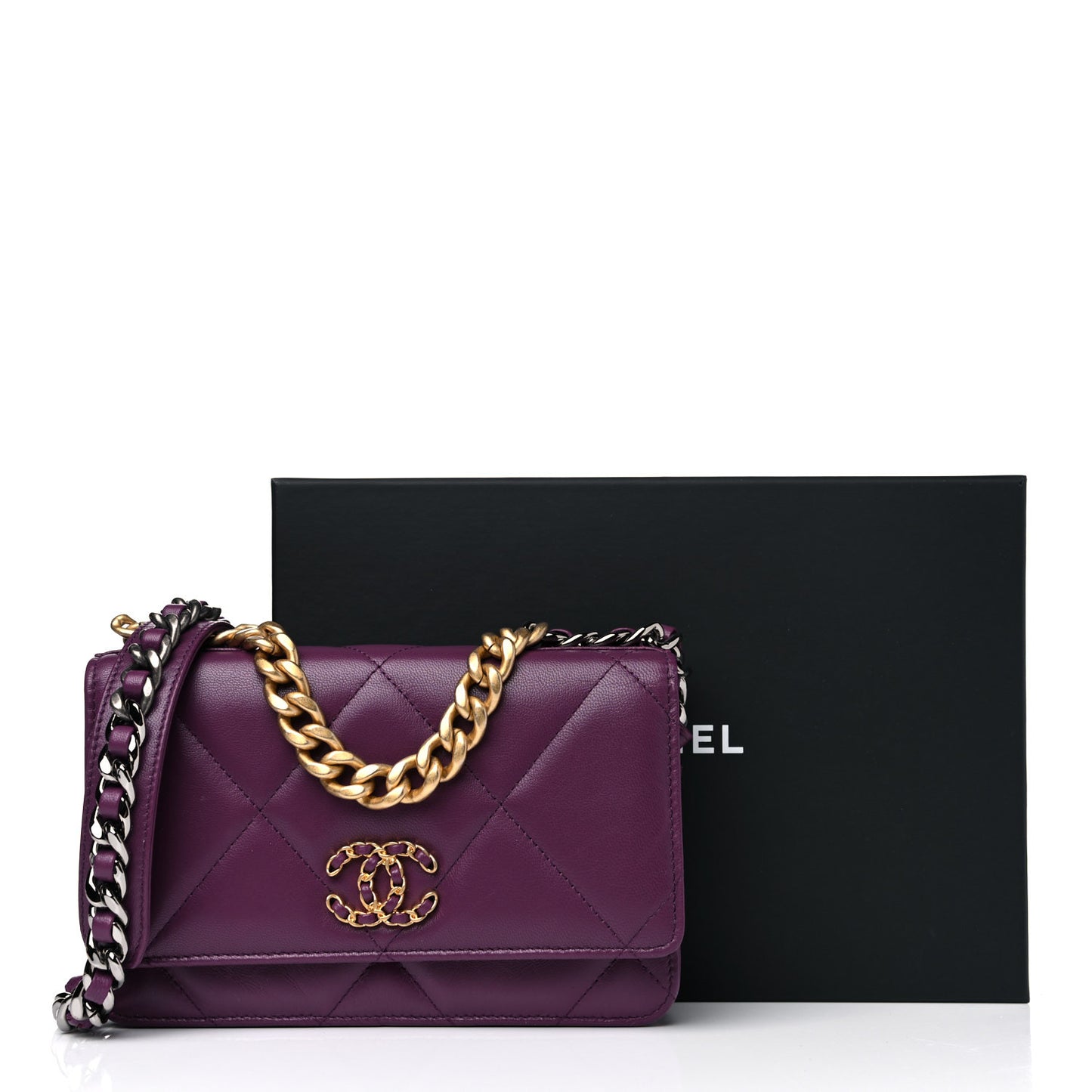 Lambskin Quilted Chanel 19 Wallet On Chain WOC Purple