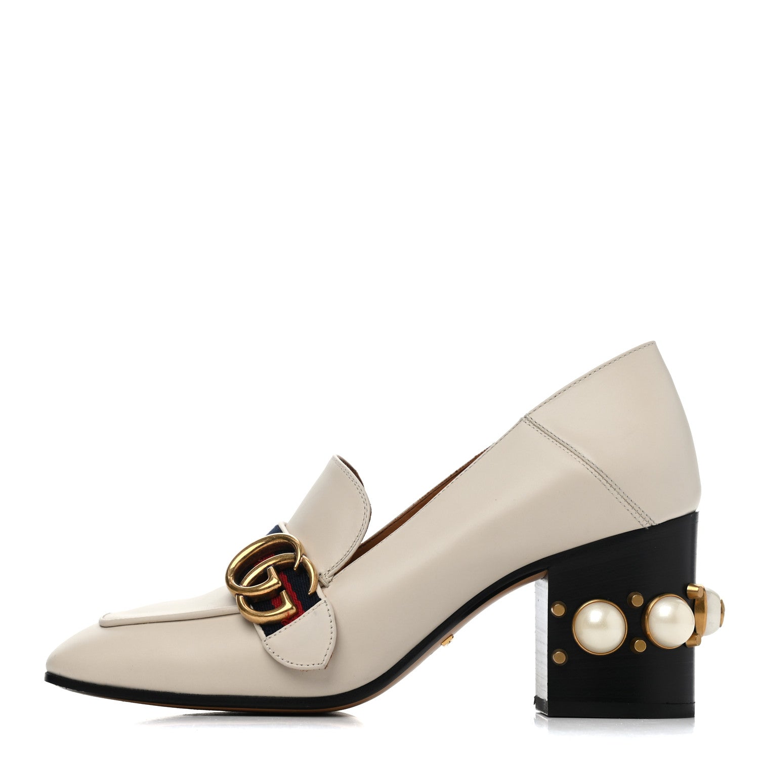 Gucci Betis Glamour Calfskin Web Pearl Embellished Peyton 75mm Loafer Pumps 37.5 Mystic White 1 of 4