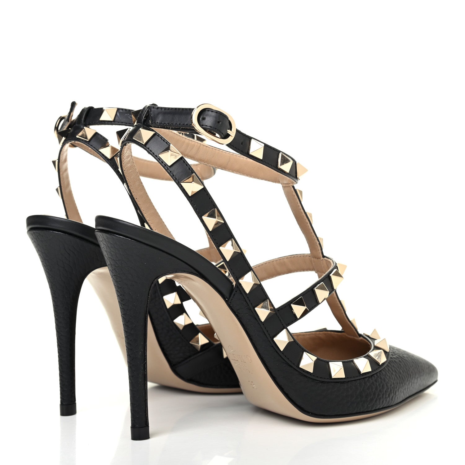 Valentino Garavani Pebbled Calfskin Rockstud Ankle Strap 100mm Pumps 35 Black 3 of 4