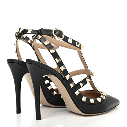 Valentino Garavani Pebbled Calfskin Rockstud Ankle Strap 100mm Pumps 35 Black 3 of 4