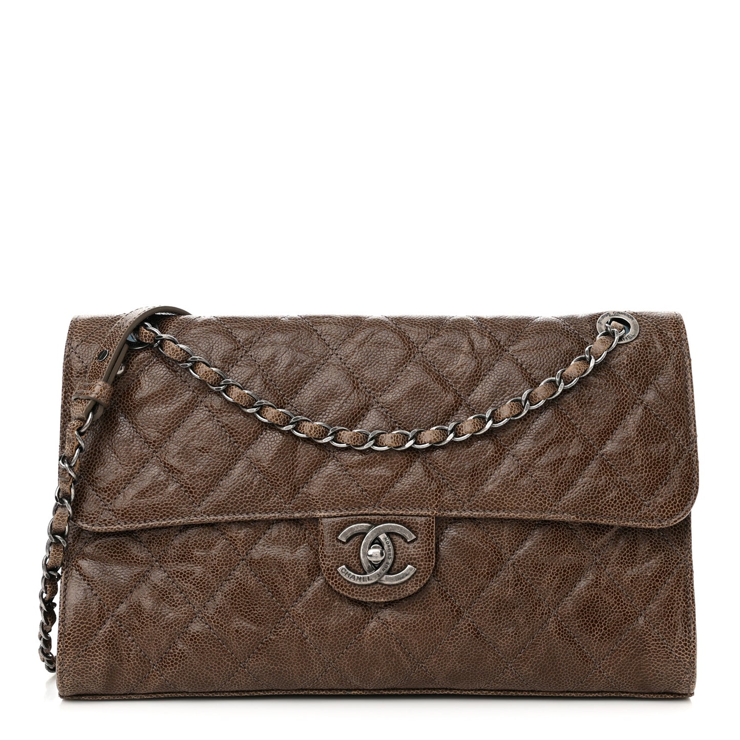 Crumpled Grained Calfskin Jumbo CC Crave Flap Brown