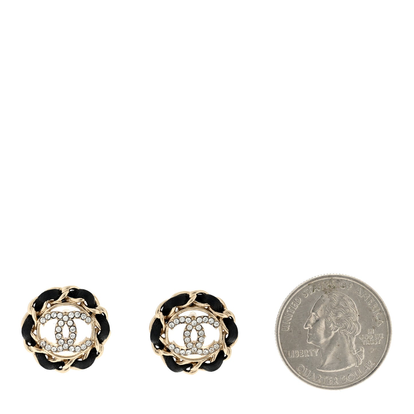 Crystal Lambskin Chain CC Stud Earrings Black Gold