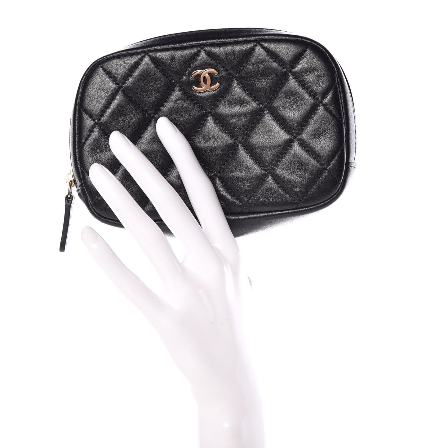 Lambskin Quilted Small Curvy Pouch Cosmetic Case Black