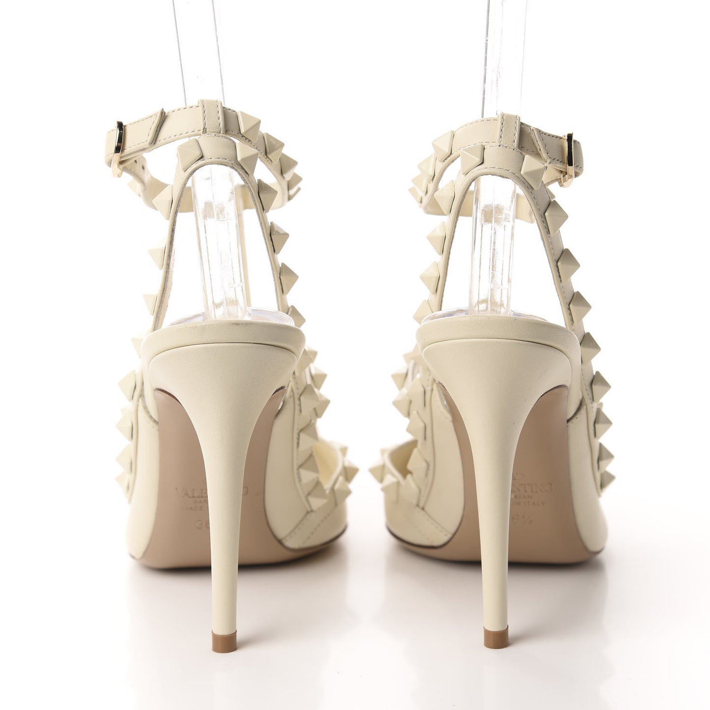 Calfskin Lacquered Monochrome Rockstud Ankle Strap 100mm Pumps 36.5 Ivory