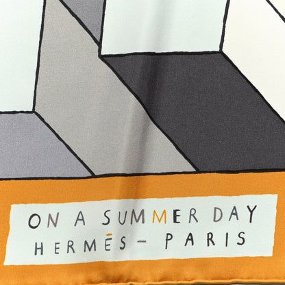 Hermes Silk On a Summer Day Shawl 140 Ocre Gris Bleu Glacier 2 of 5