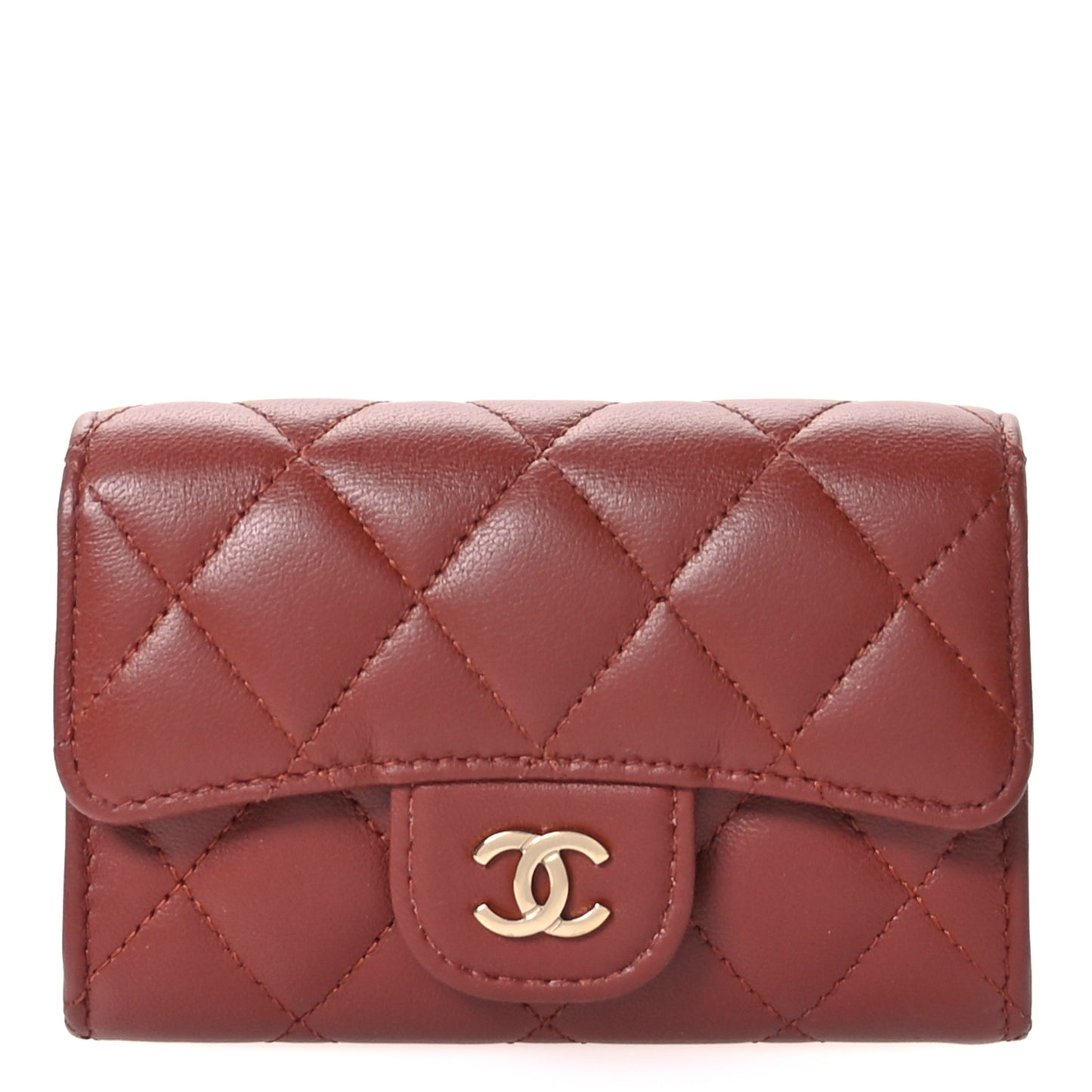 Lambskin Quilted Flap Card Holder Wallet Brown