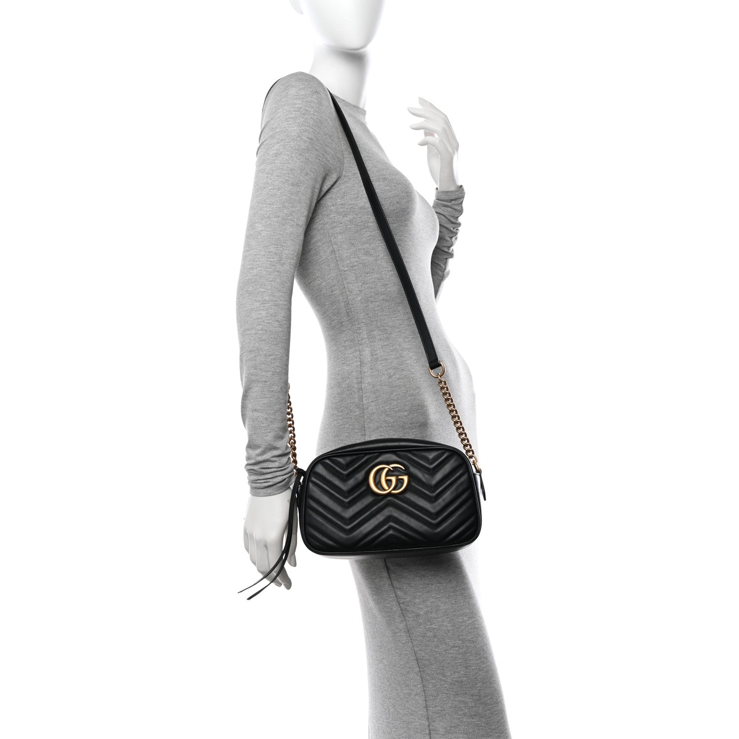 Gucci Calfskin Matelasse Small GG Marmont Chain Shoulder Bag Black 2 of 13