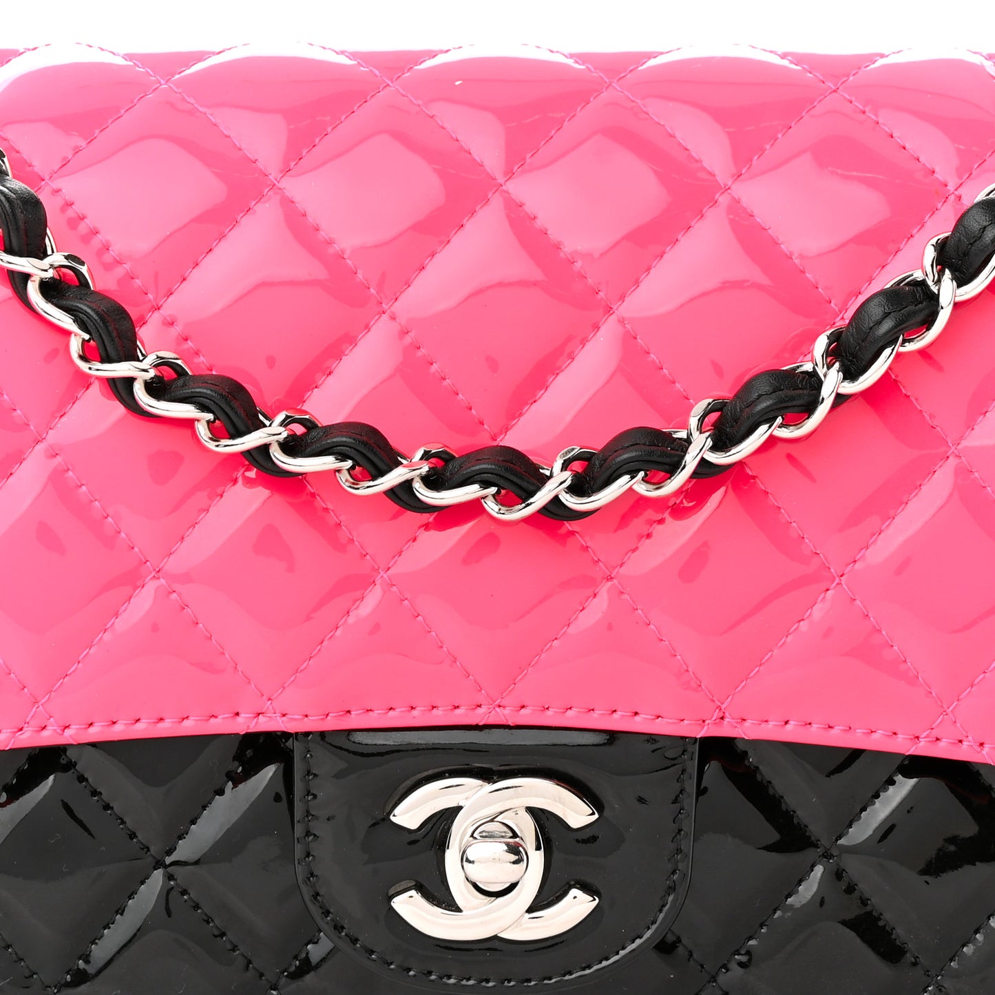 Patent Calfskin Quilted Bi-Color Medium Double Flap Pink Black