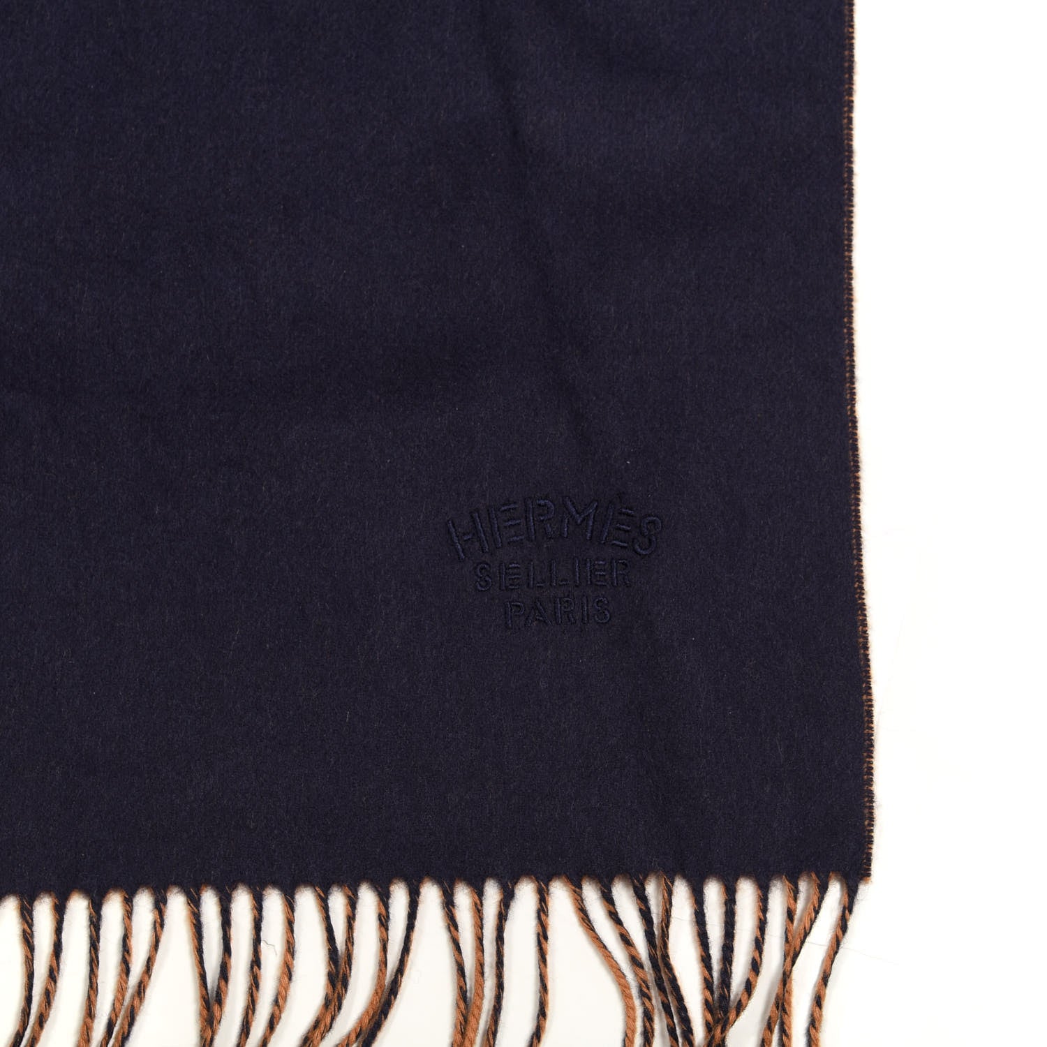 Hermes Cashmere Fringe Double Face Stole Marine Bronze 4 of 4