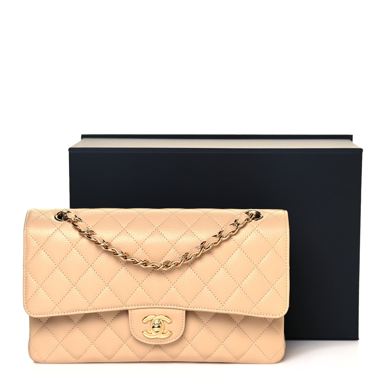Caviar Quilted Medium Double Flap Beige