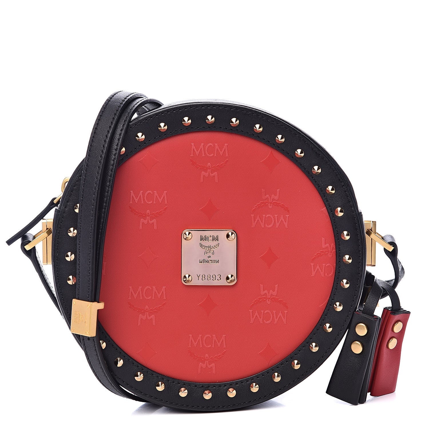 MCM Calfskin Studded Round Crossbody Black Red 1 of 8