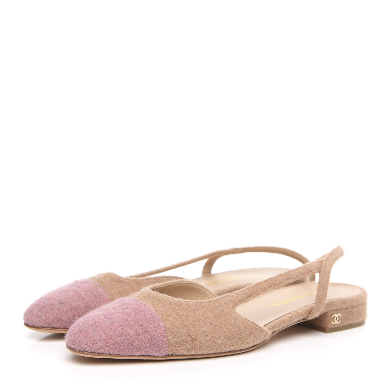 Chanel Wool Cap Toe CC Slingback Flat 40 Beige Pink 3 of 8