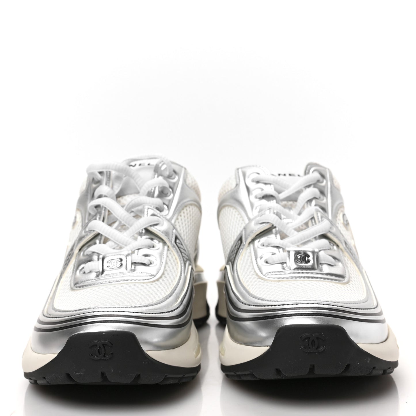 Fabric Laminated Calfskin Stretch CC Womens Sneakers 38 White Silver