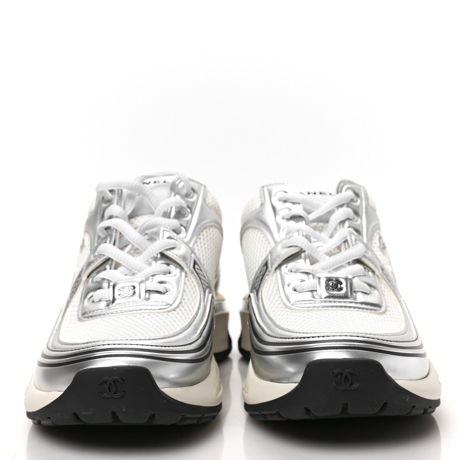 Chanel Fabric Laminated Calfskin Stretch CC Womens Sneakers 38 White Silver 2 of 6