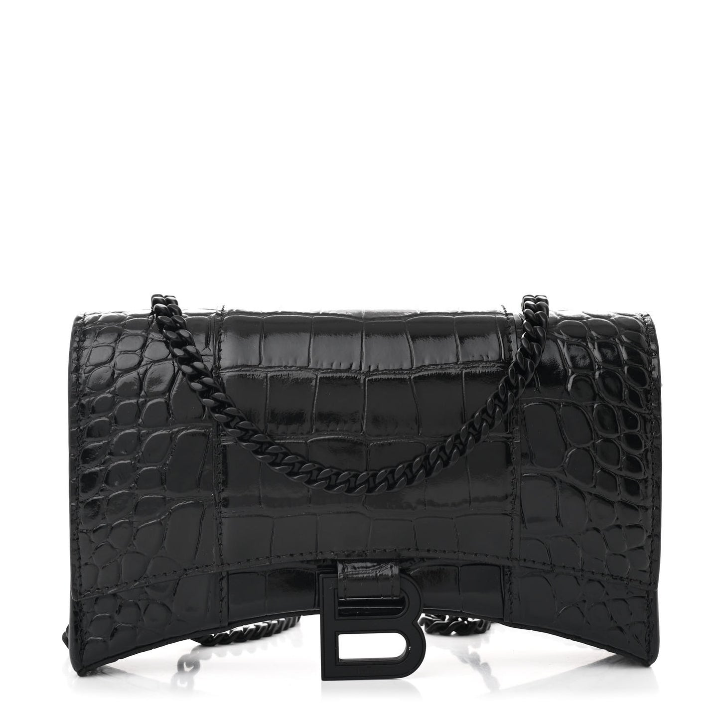 Shiny Calfskin Monochrome Crocodile Embossed Hourglass Chain Bag Black
