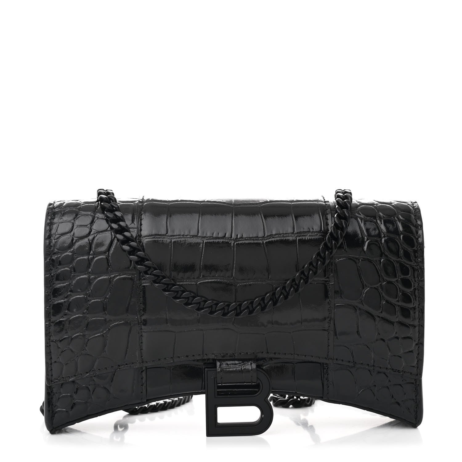 Balenciaga Shiny Calfskin Monochrome Crocodile Embossed Hourglass Chain Bag Black 1 of 9