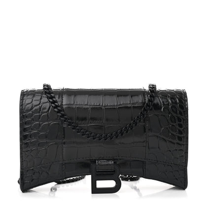 Balenciaga Shiny Calfskin Monochrome Crocodile Embossed Hourglass Chain Bag Black 1 of 9