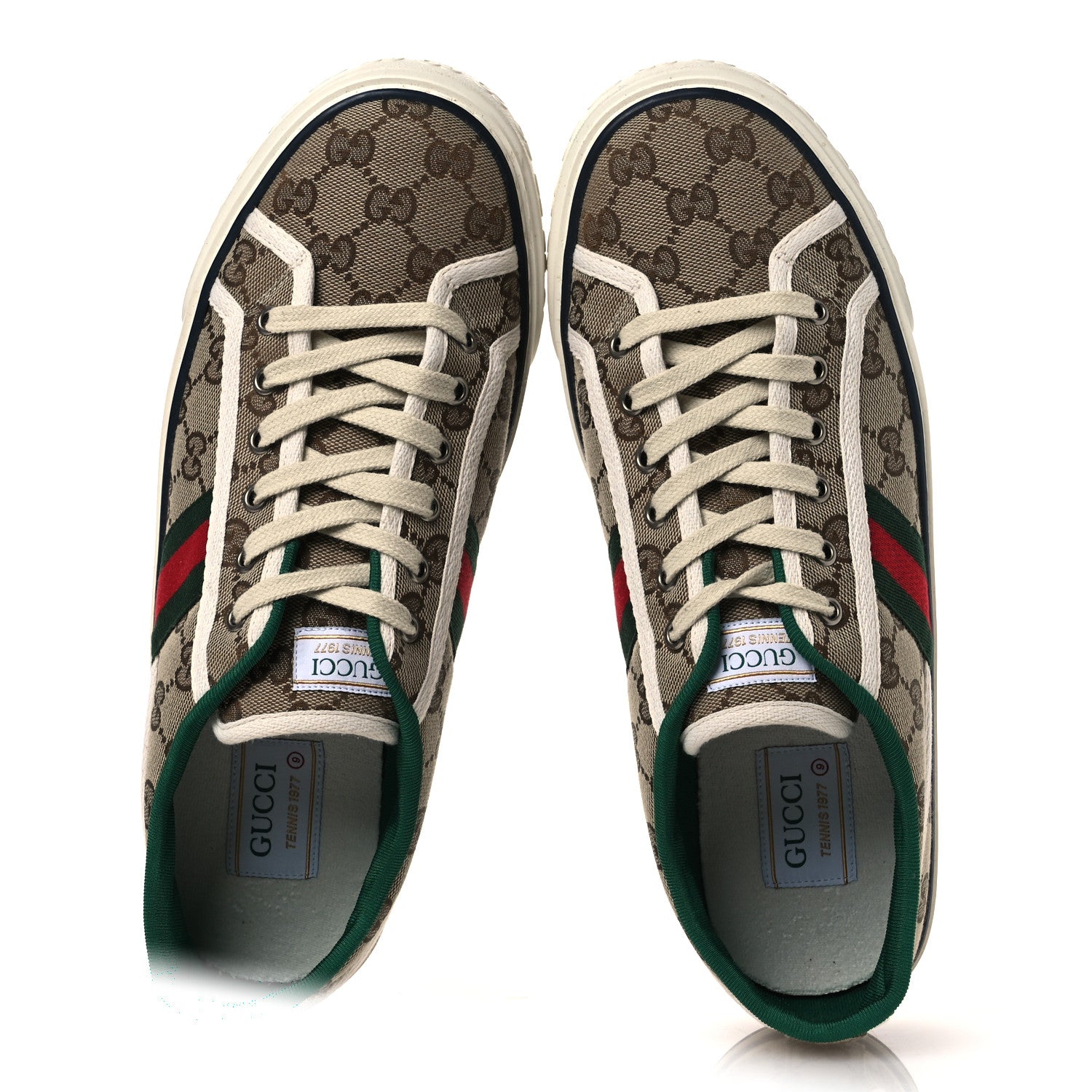 Gucci GG Monogram Web Mens 1977 Tennis Sneakers 9 Beige Ebony Mystic White Vert 2 of 11