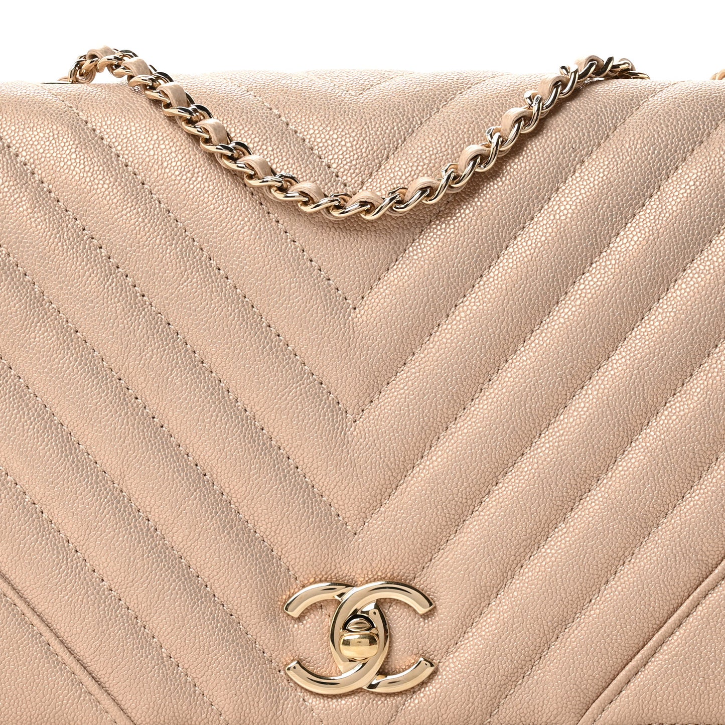 Metallic Caviar Chevron Quilted Medium Statement Flap Beige