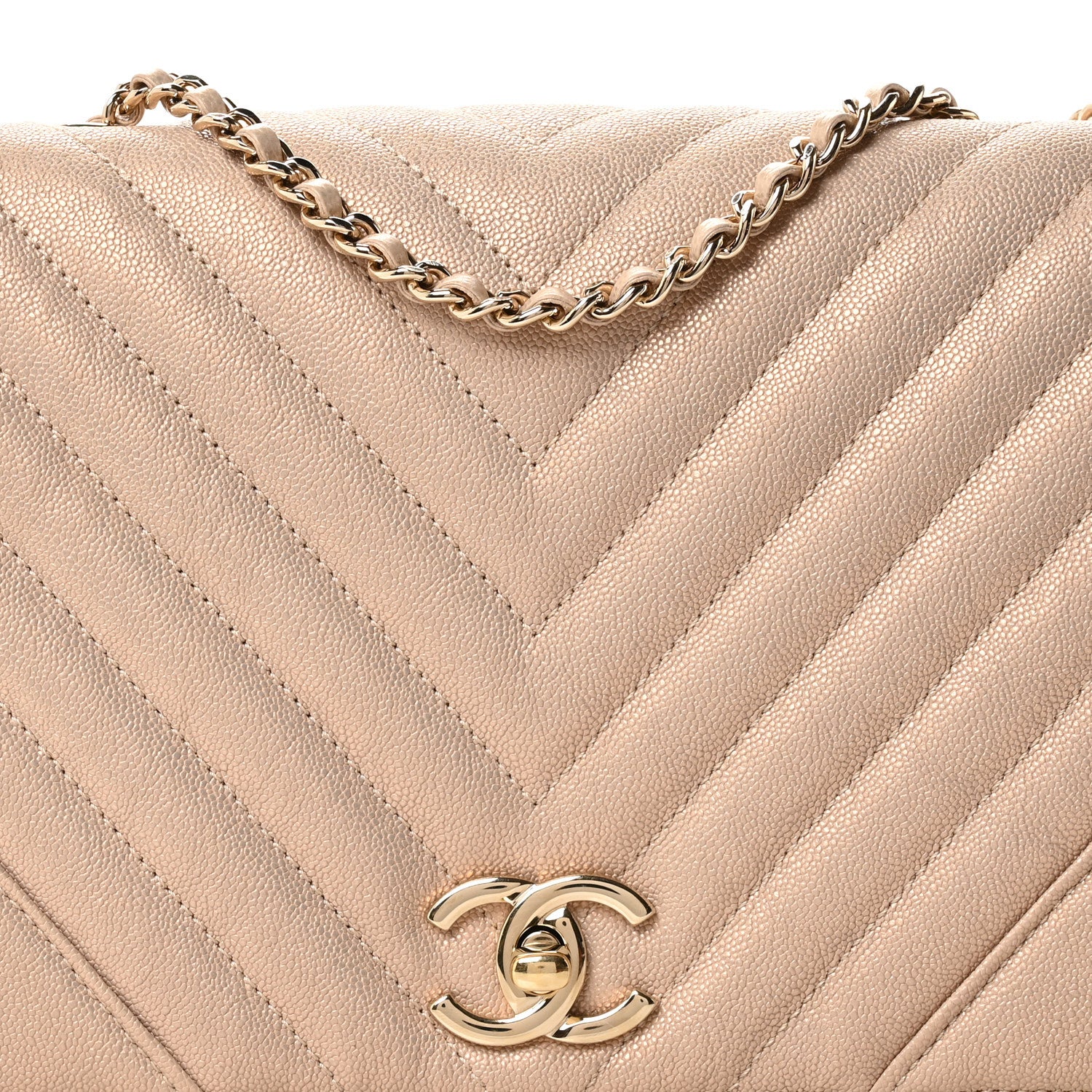 Chanel Metallic Caviar Chevron Quilted Medium Statement Flap Beige 8 of 11