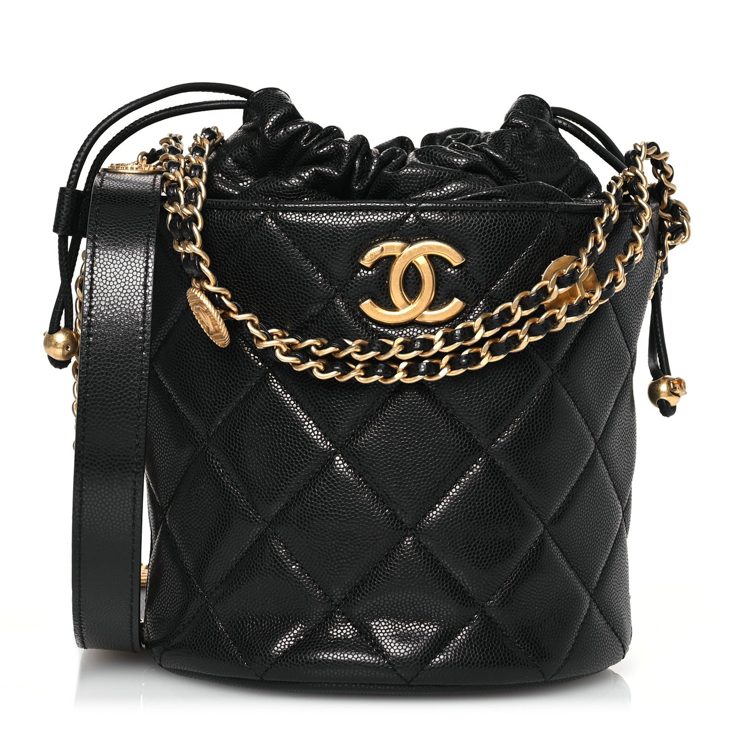 Caviar Quilted Twist Your Buttons Bucket Bag Black