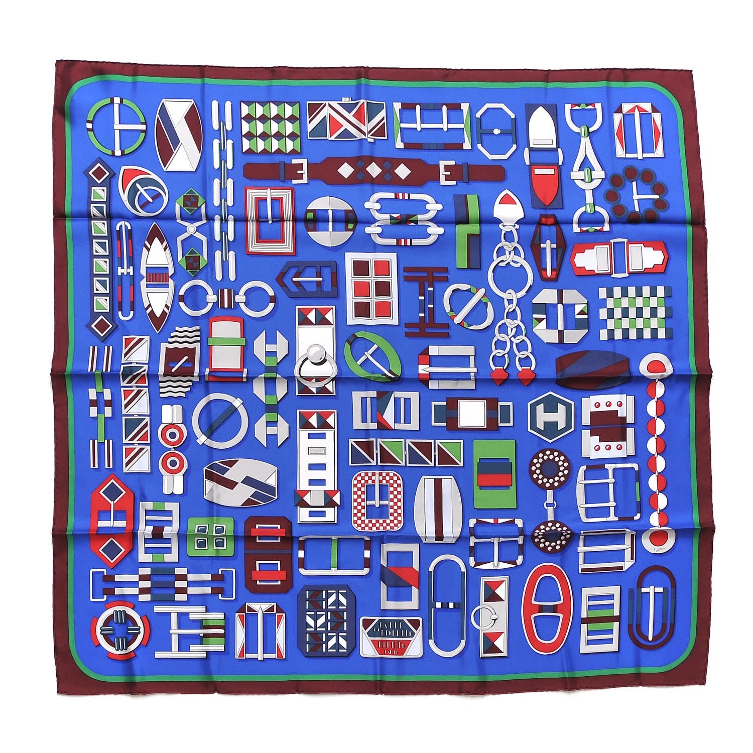 Hermes Silk Carré en Boucles Scarf 90 Bleu Roy Bordeaux 1 of 6
