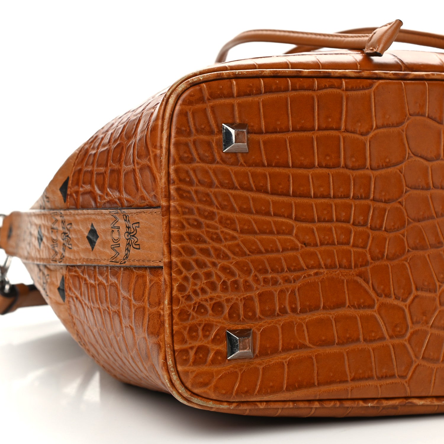 MCM Visetos Crocodile Embossed Geonautic Bucket Bag Cognac 9 of 10