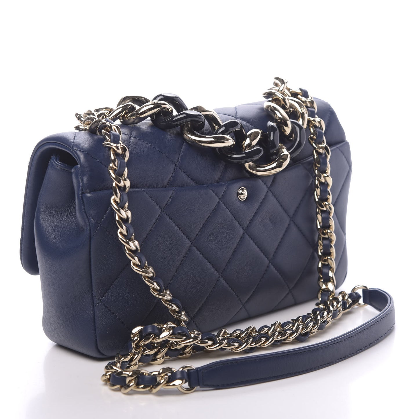 Lambskin Quilted Resin Bi-Color Chain Flap Bag Navy
