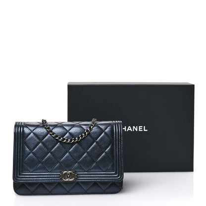 Chanel Metallic Calfskin Quilted Boy Wallet On Chain WOC Navy Blue 12 of 12