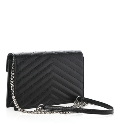 Saint Laurent Grain De Poudre Matelasse Chevron Monogram Envelope Chain Wallet Black 3 of 9