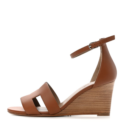Hermes Calfskin Legend Wedge Sandals 37.5 Gold 1 of 13