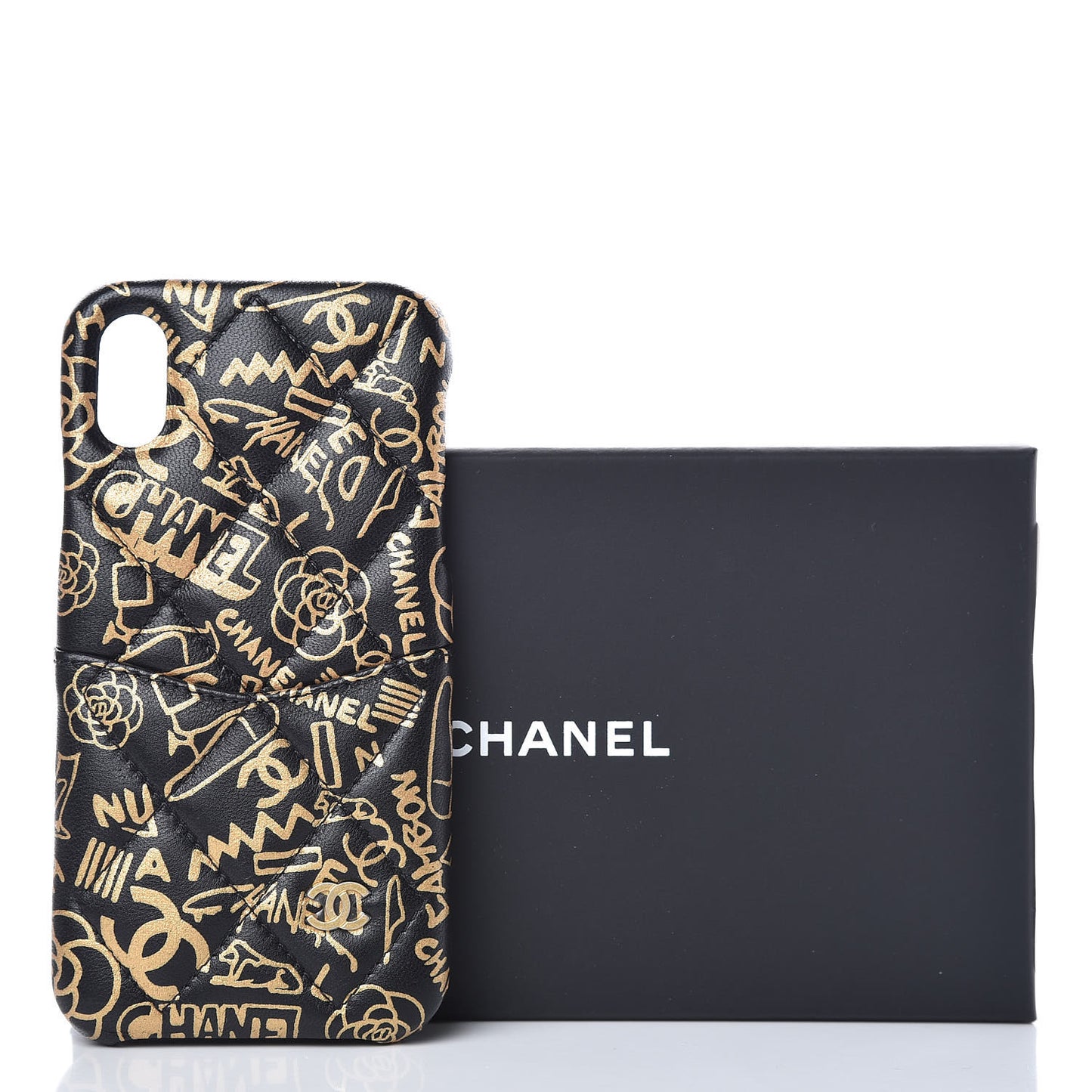 Lambskin Quilted iPhone X Coco Tech Egyptian Graffiti Case Black Gold