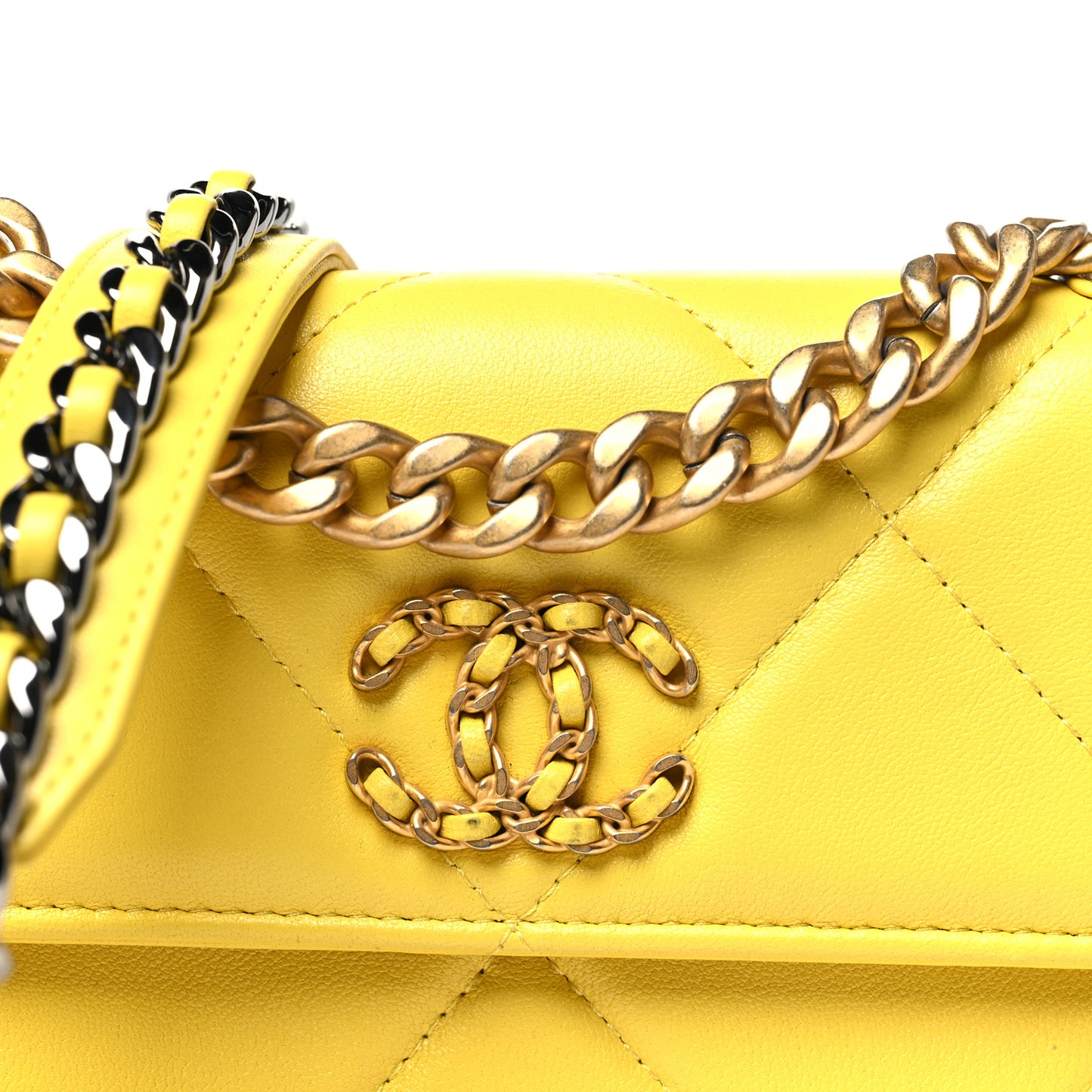 Lambskin Quilted Chanel 19 Flap Phone Holder With Chain Yellow