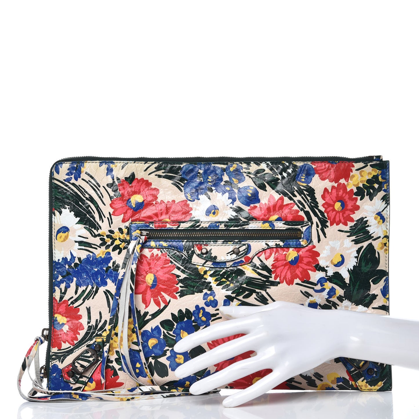 Agneau Classic Hardware Fleurs Small Pouch Beige Red Green
