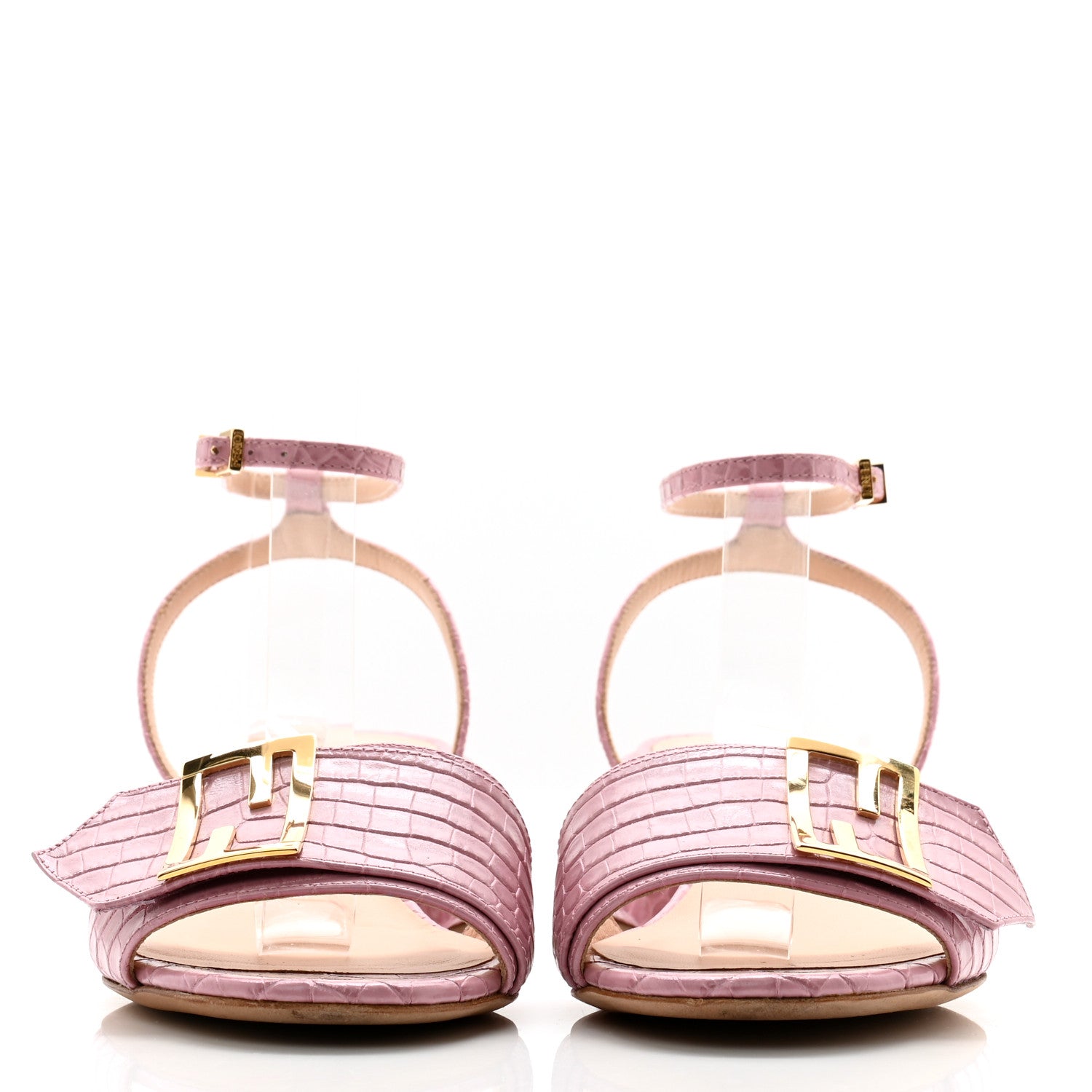 Fendi Vitello Crocodile Embossed Promenade Ankle Strap Sandals 35 Quarzo 3 of 9