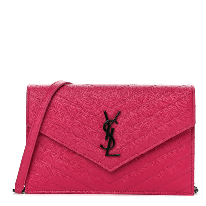 Saint Laurent Grain De Poudre Matelasse Chevron Monogram Envelope Chain Wallet Bubblegum 1 of 10